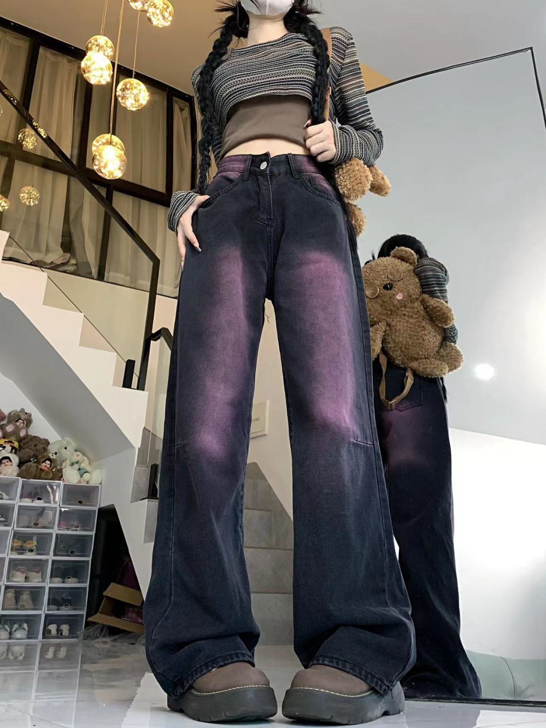 美式ins復古紫色塗鴉闊腿牛仔褲女秋冬設計感高腰寬鬆顯瘦拖地褲