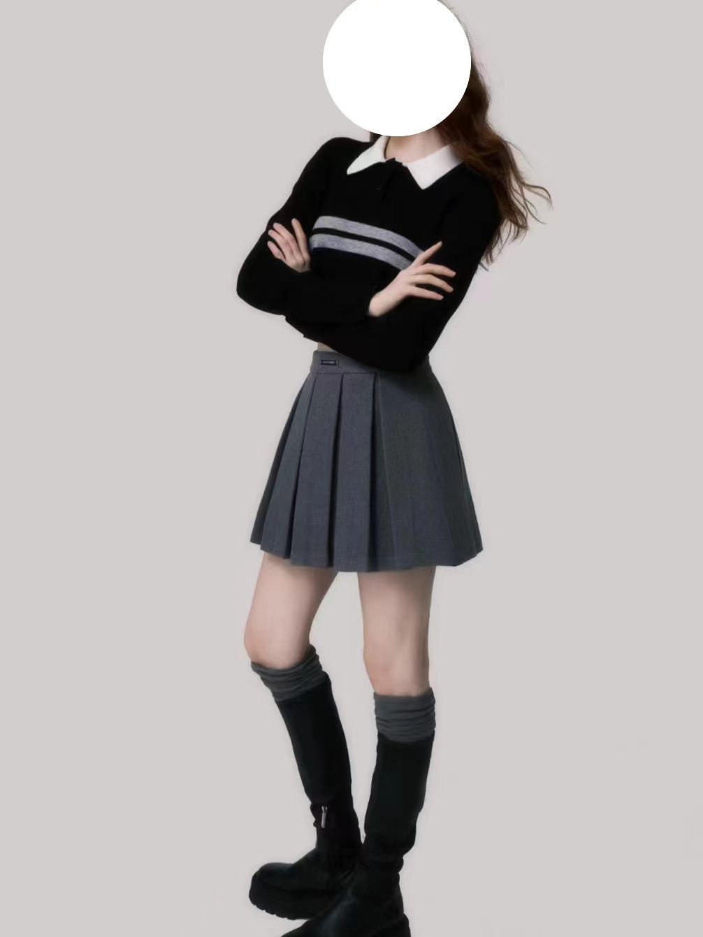 辣妹翻領拼色條紋長袖t恤女春秋內搭修身短款高腰打底針織衫上衣