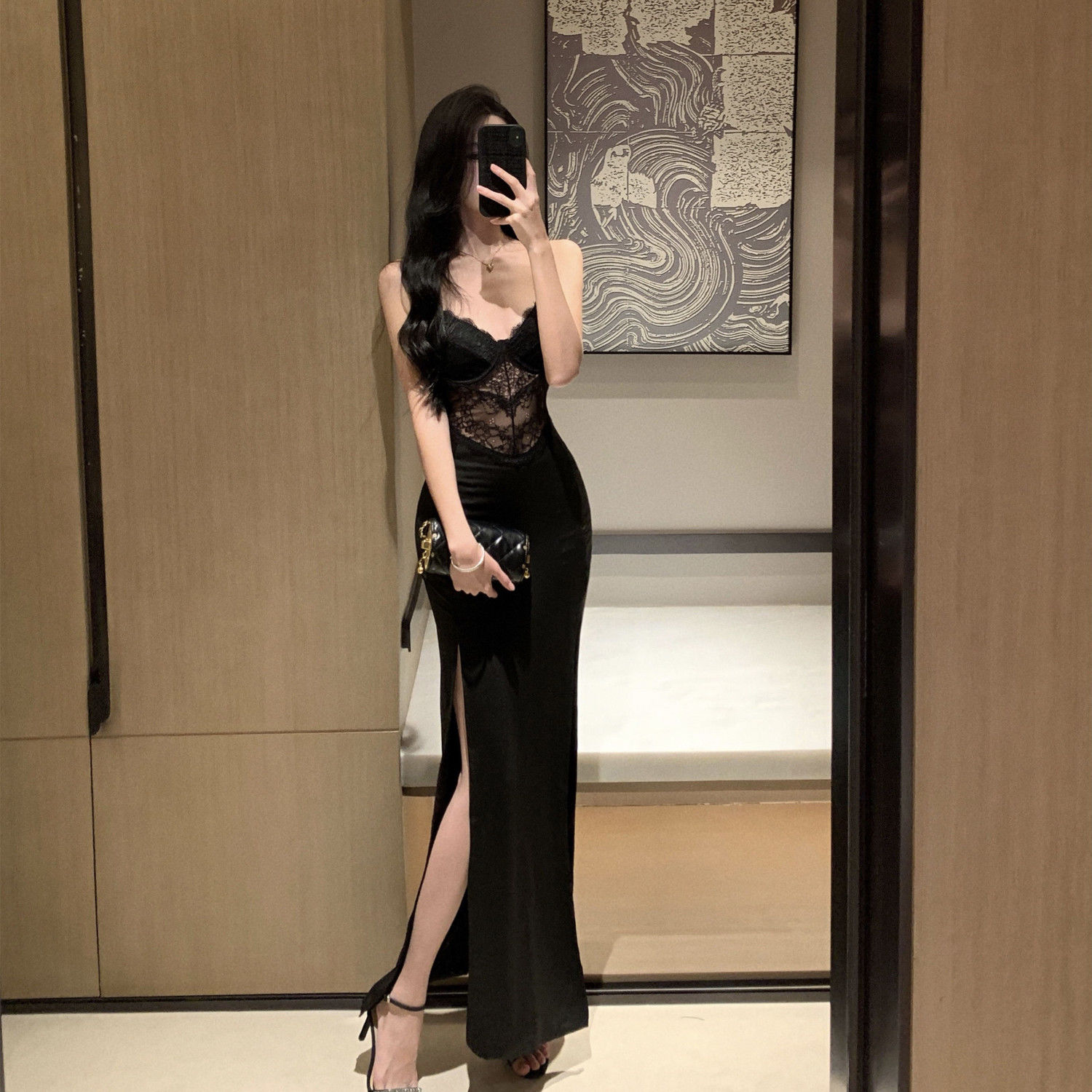 Light luxury retro black lace stitching high slit sexy hip-hugging waist-slimming suspender skirt evening dress