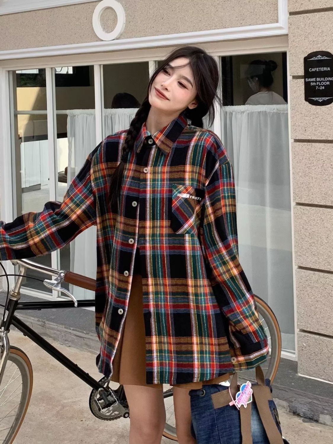 春秋韓版ins復古男女款格子襯衫上衣寬鬆潮流長袖襯衣外套