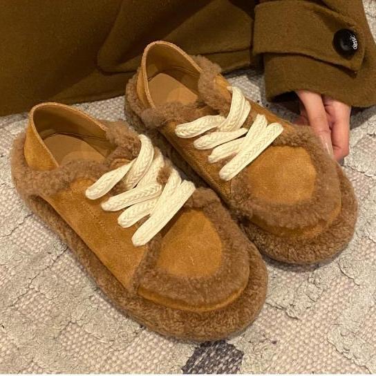 Women's furry shoes snow cotton stitched plus velvet flat bean shoes casual scoop shoes