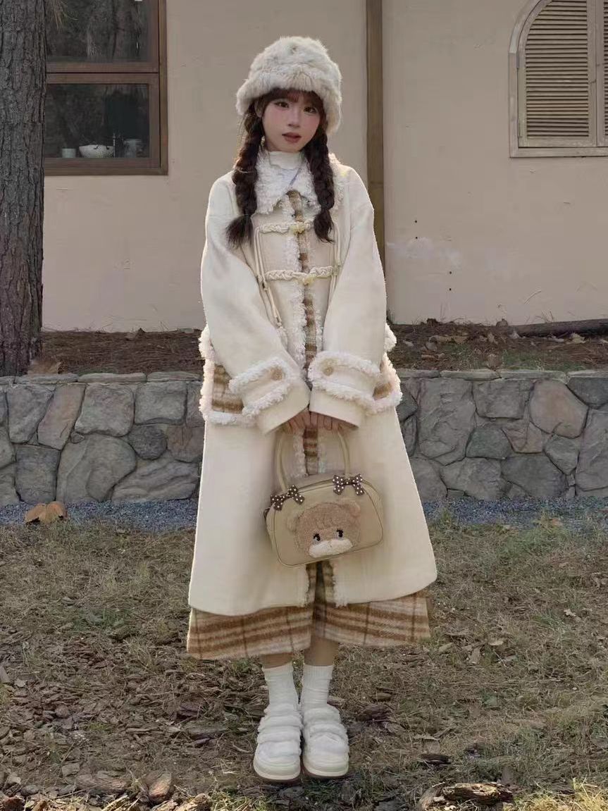 Milky and sweet temperament design plaid splicing warm woolen mid-length coat winter small man coat