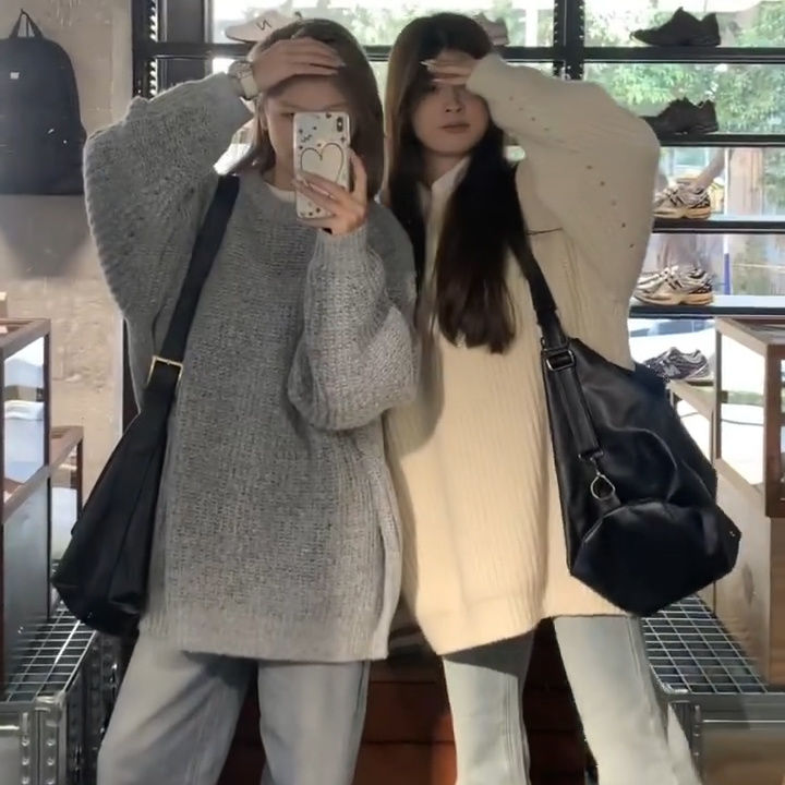 韓系寬鬆顯瘦圓領套頭毛衣女學生秋冬款慵懶風oversize外穿針織衫