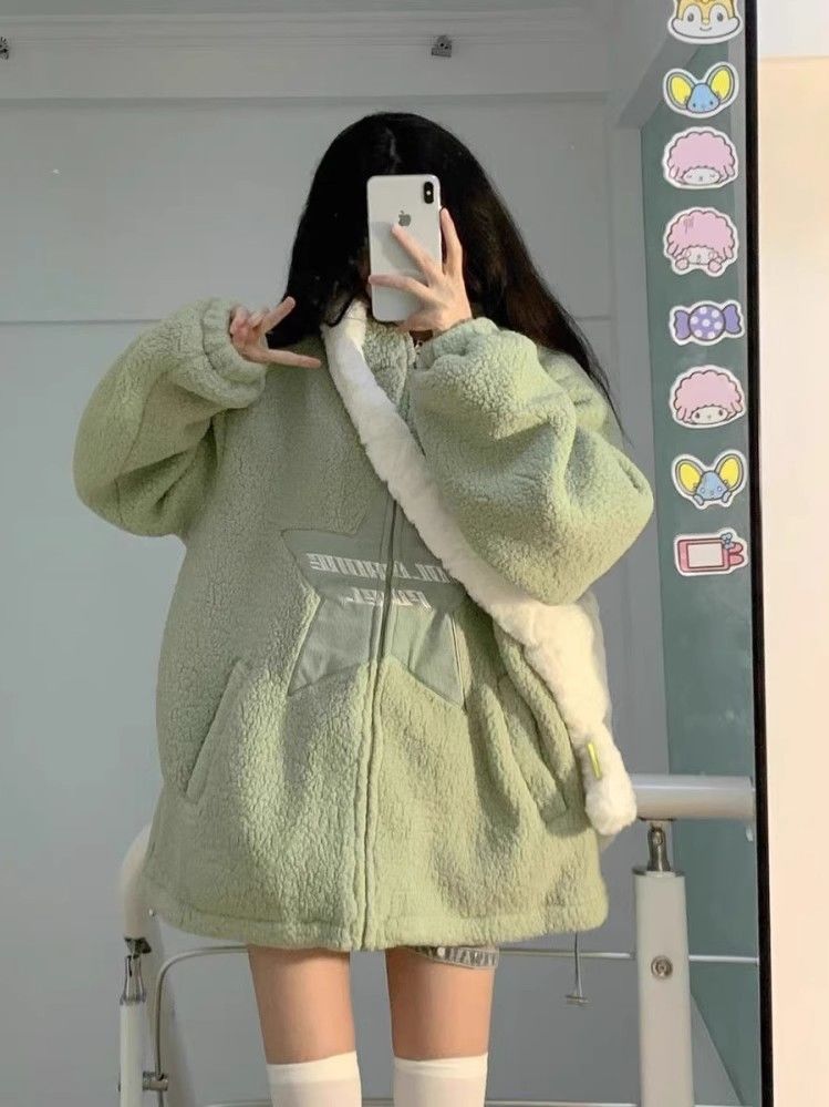 可愛羊羔絨外套冬季女高中大學生長款開衫衛衣連帽毛茸茸秋冬天