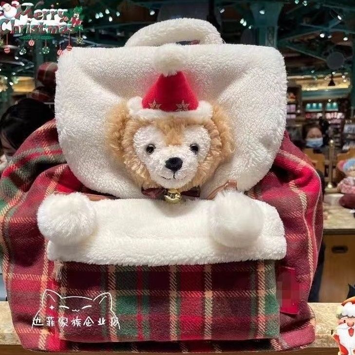 達菲熊聖誕款雙肩包鈴鐺毛絨帆布學生書包卡通可愛動漫背包