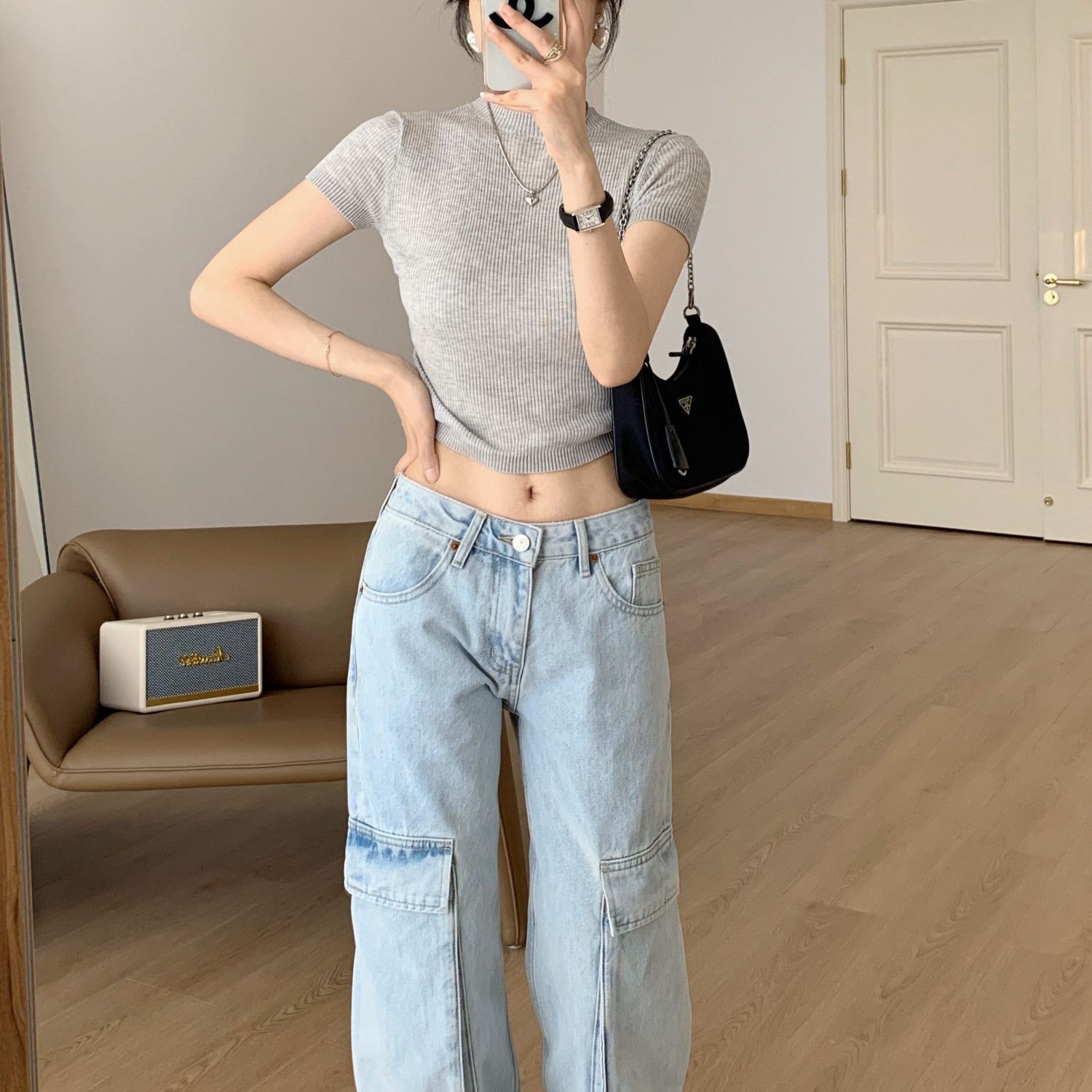淺色復古美式高檔工裝褲女秋季2023新款直筒寬鬆遮肉闊腿牛仔褲