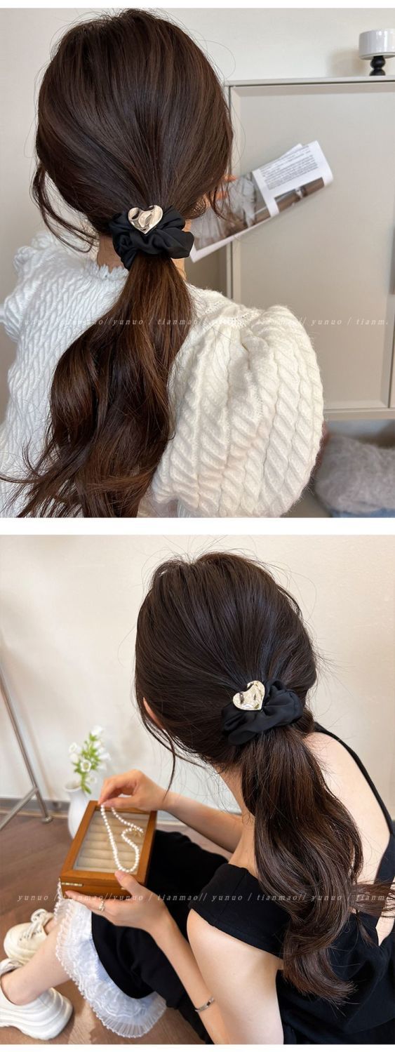 Schwarzes Kamelien-haargummi Mit Schleife Exquisites Leder-scrunchie_voghion.com