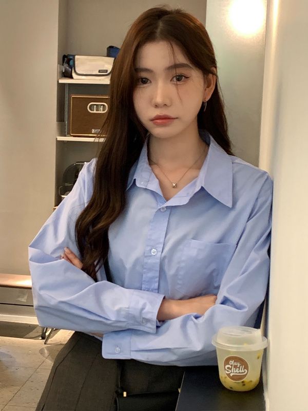 秋季日系長袖淺藍色襯衫女內搭外穿寬鬆法式時尚高級襯衣上衣洋氣
