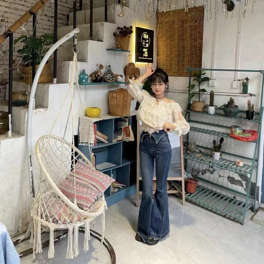 辣妹復古翻邊微喇叭牛仔褲女秋冬小個子修身彈力顯瘦毛邊馬蹄長褲
