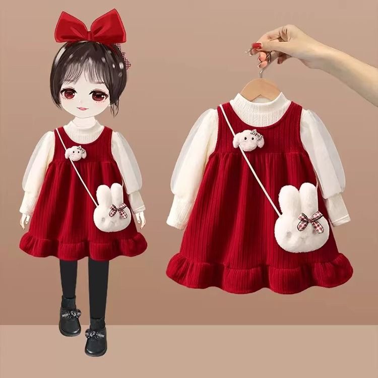 Girls' dresses, autumn and winter children's fashionable princess dresses, one-year-old dresses, fashionable baby winter clothes and velvet two-piece set