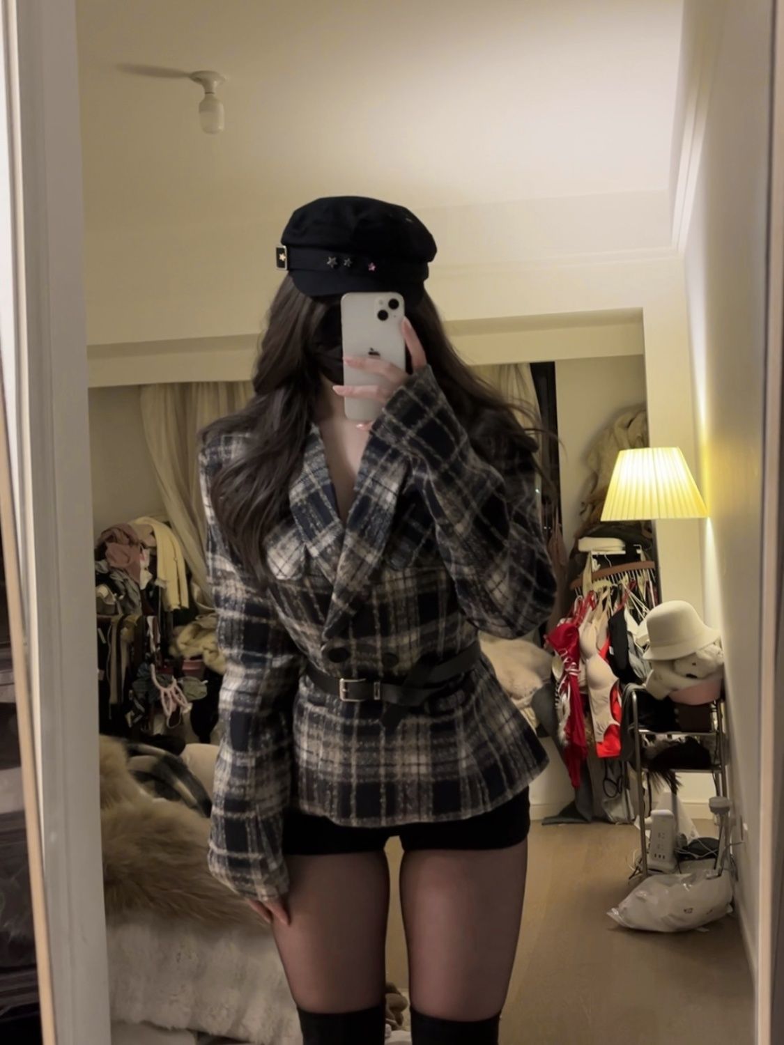 [Dege Suit] Retro style waist slim fit plaid blazer courtyard style slim suit high-end top