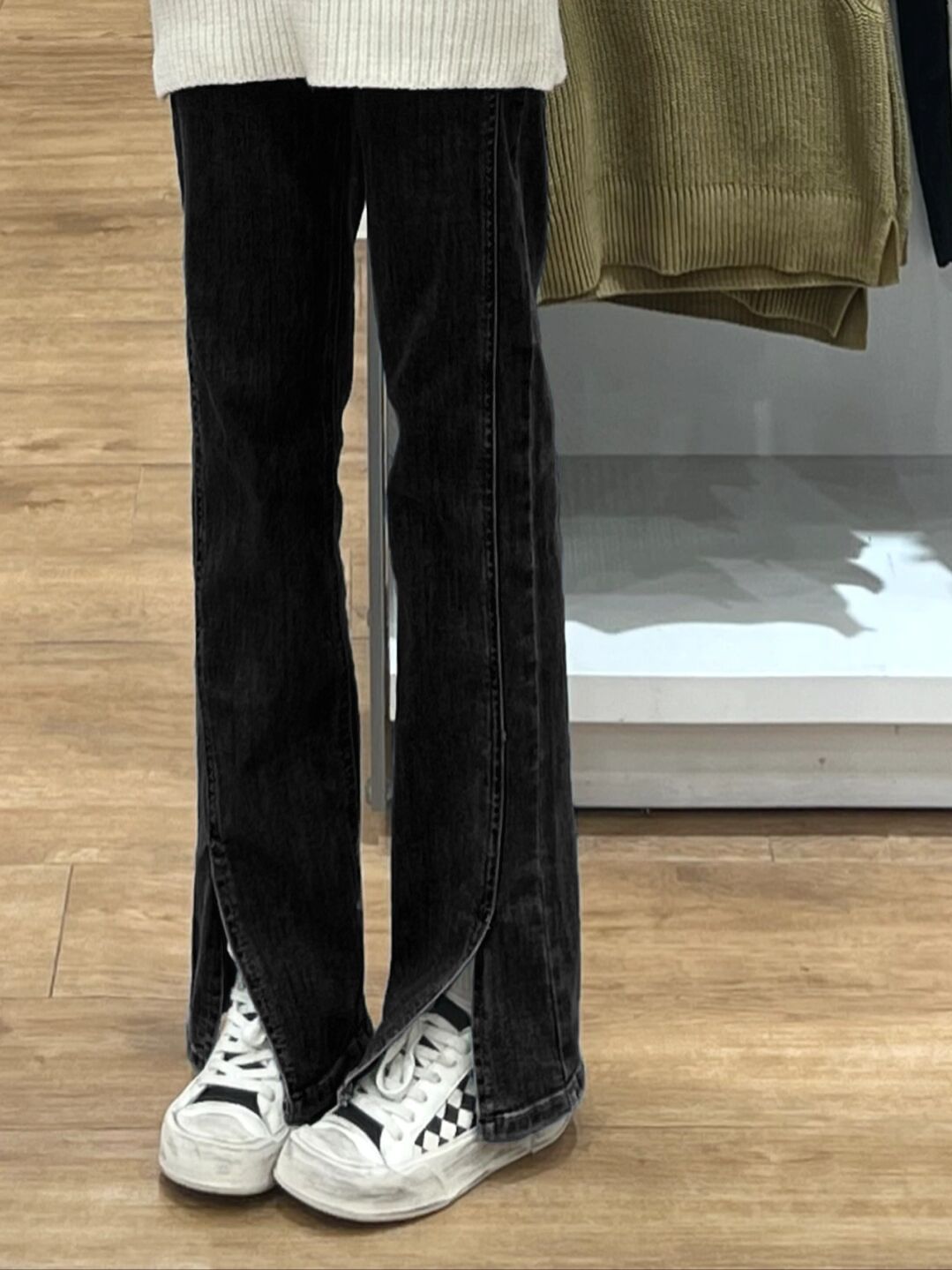 加絨加厚直筒牛仔褲女秋冬款復古開叉高腰小個子黑灰色褲子煙管褲