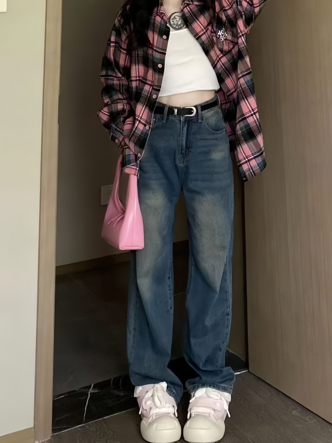 美式復古闊腿牛仔褲女秋季新款做舊高腰寬鬆顯瘦百搭直筒拖地褲子