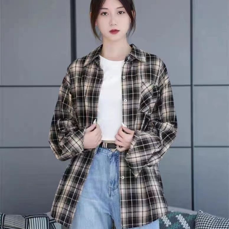 格瑞吉奧設計感小眾長袖襯衣女秋季復古格子襯衫外套寬鬆休閒上衣