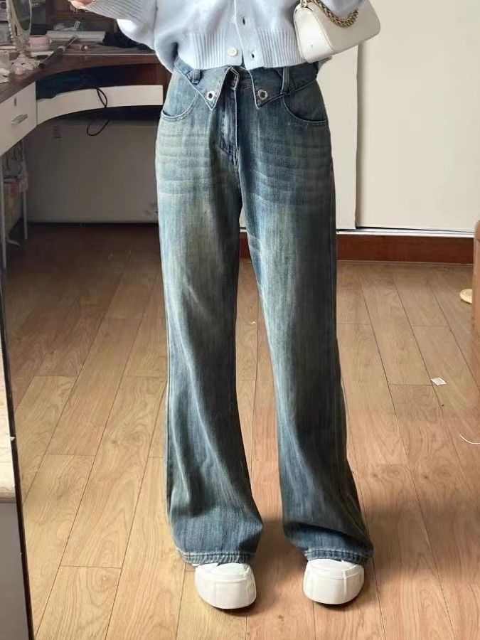 小個子設計感寬鬆微喇叭牛仔褲女美拉德顯瘦垂墜感拖地長褲ins潮
