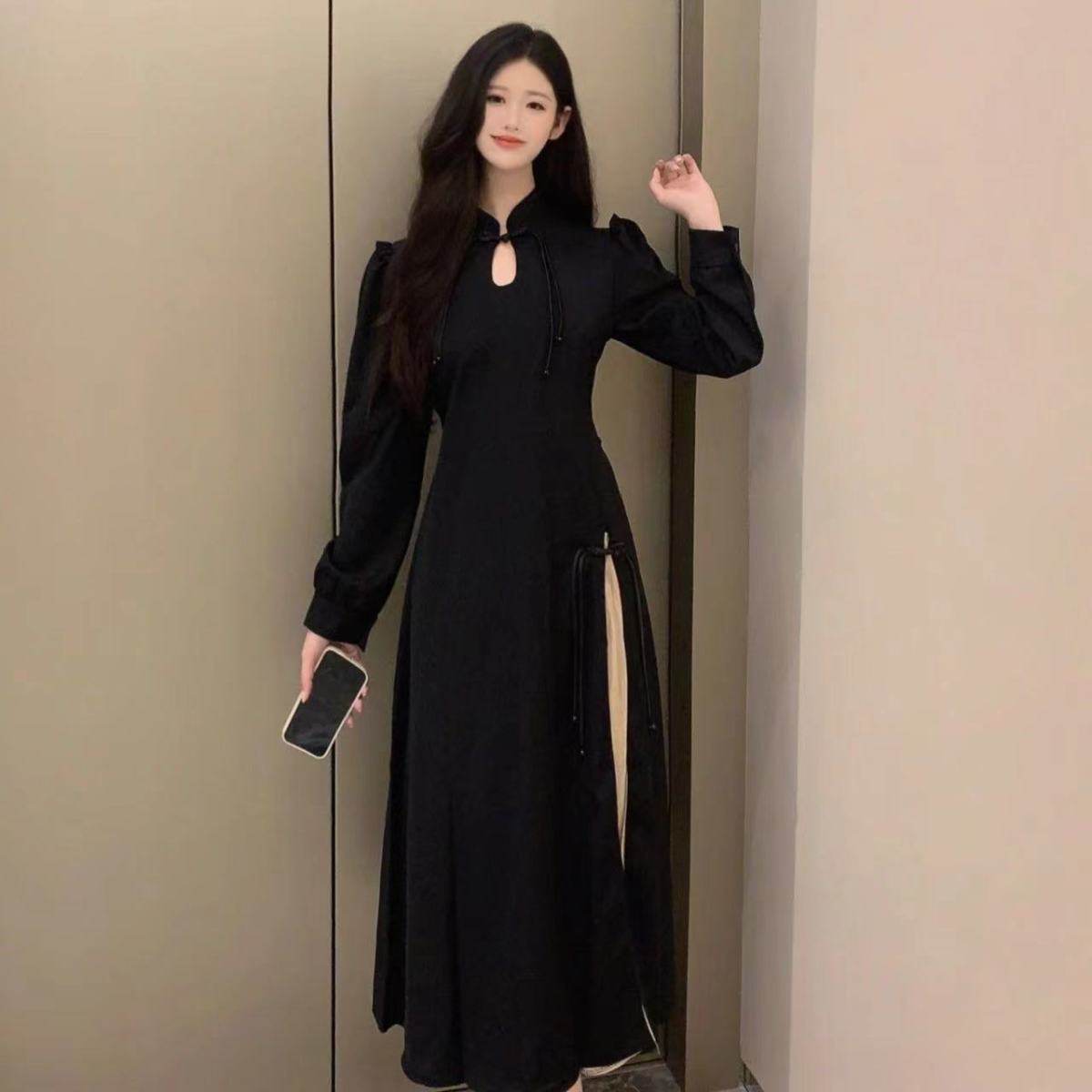 大碼法式氣質長袖黑色連衣裙高級感秋季襯衫裙子胖mm遮肚顯瘦長裙