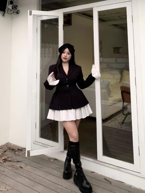 大碼女裝微胖mm法式喇叭袖黑白拼接西裝小黑裙秋御姐氣質收腰裙子
