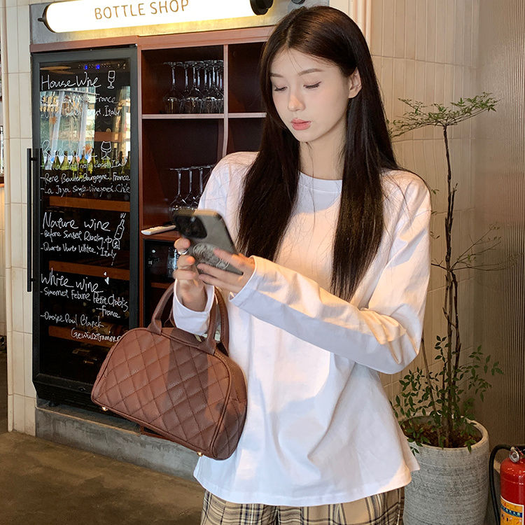 純棉白色t恤女長袖新款韓版寬鬆圓領學生百搭白色長袖打底衫純色
