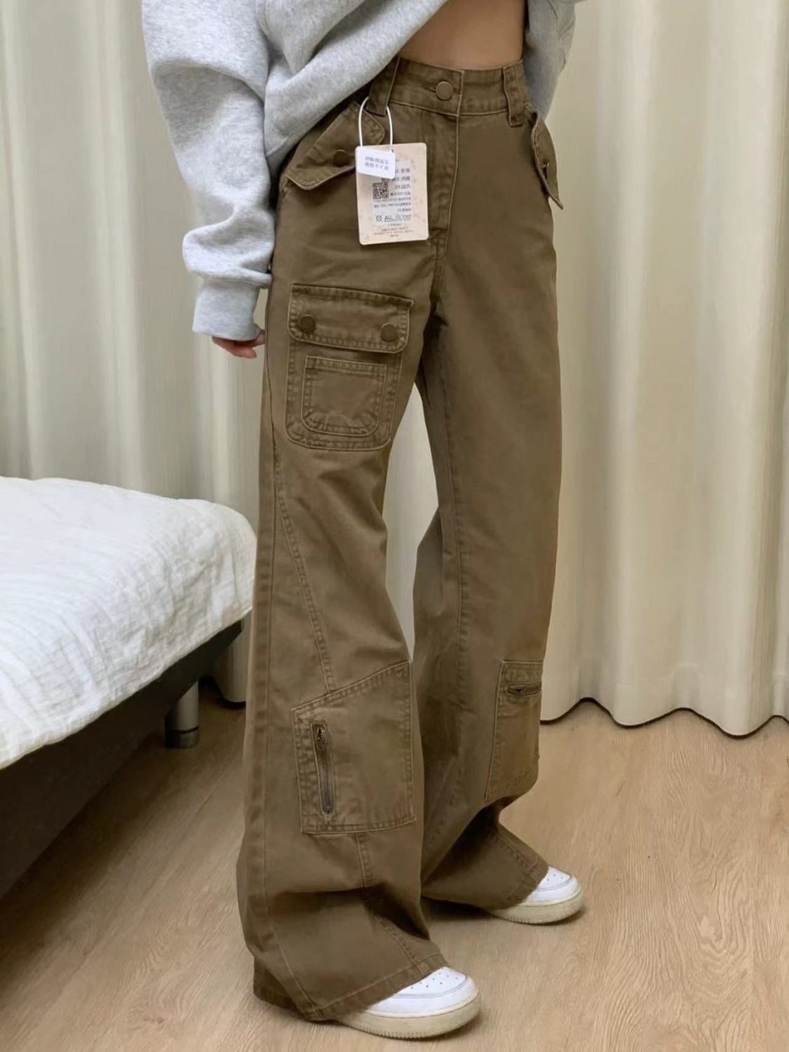 美式高街微喇叭牛仔褲女秋冬新款復古高腰顯瘦設計感工裝拖地褲子