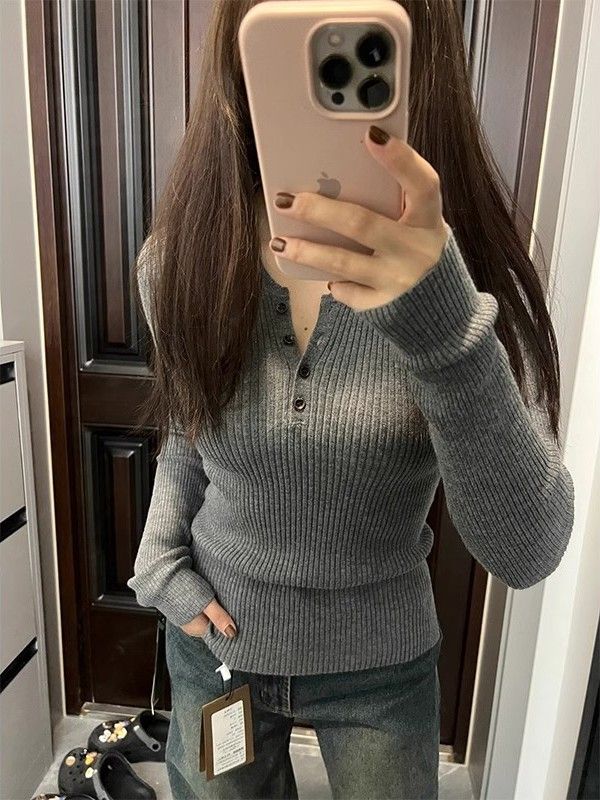 復古韓版V領坑條內搭針織打底衫女春秋冬新款修身內搭別致T恤上衣