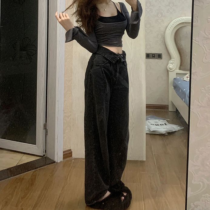 黑色設計感翻邊闊腿牛仔褲女秋季新款ins高腰寬鬆顯瘦直筒拖地褲