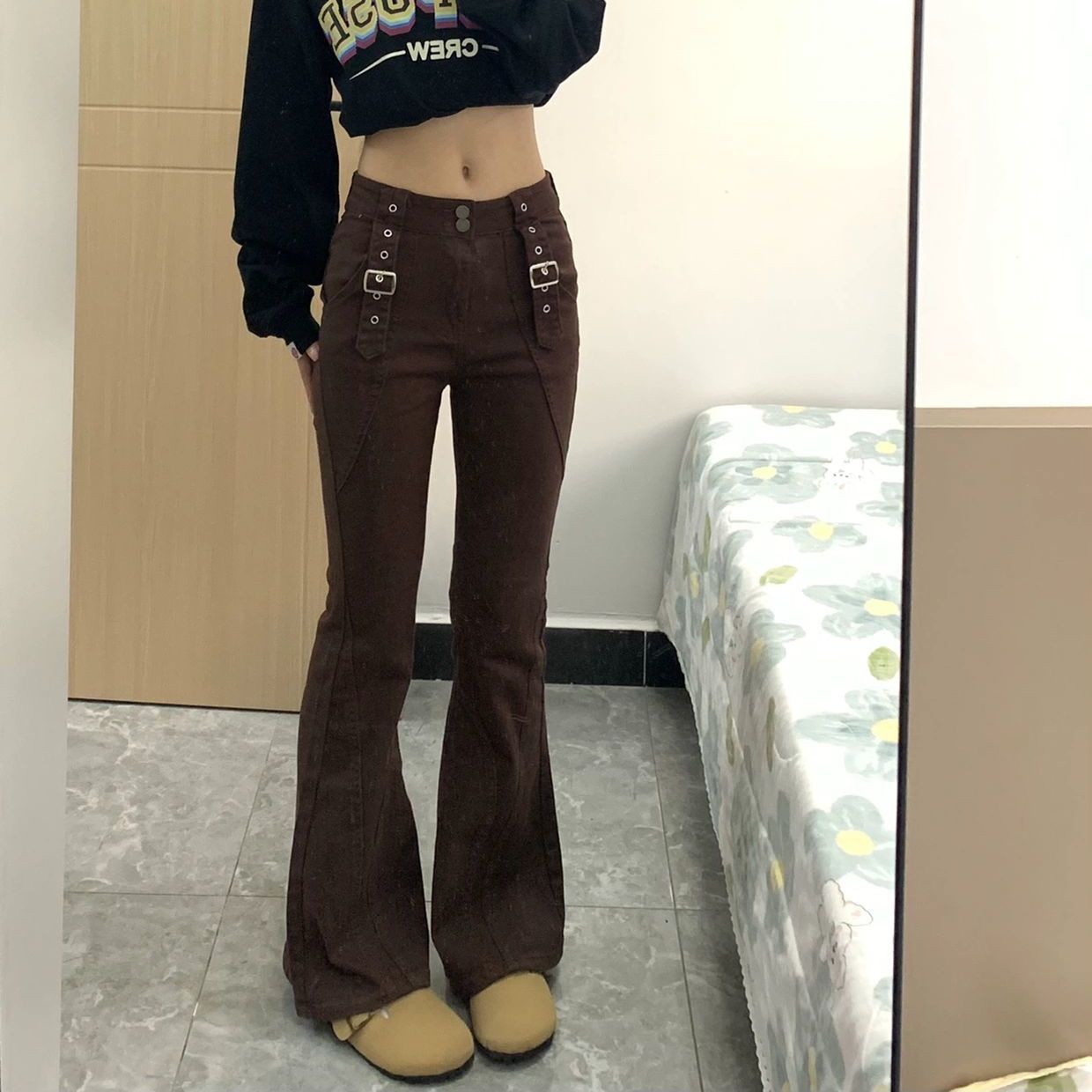 辣妹復古做舊棕色微喇叭牛仔褲女小個子高腰直筒顯瘦拖地馬蹄長褲