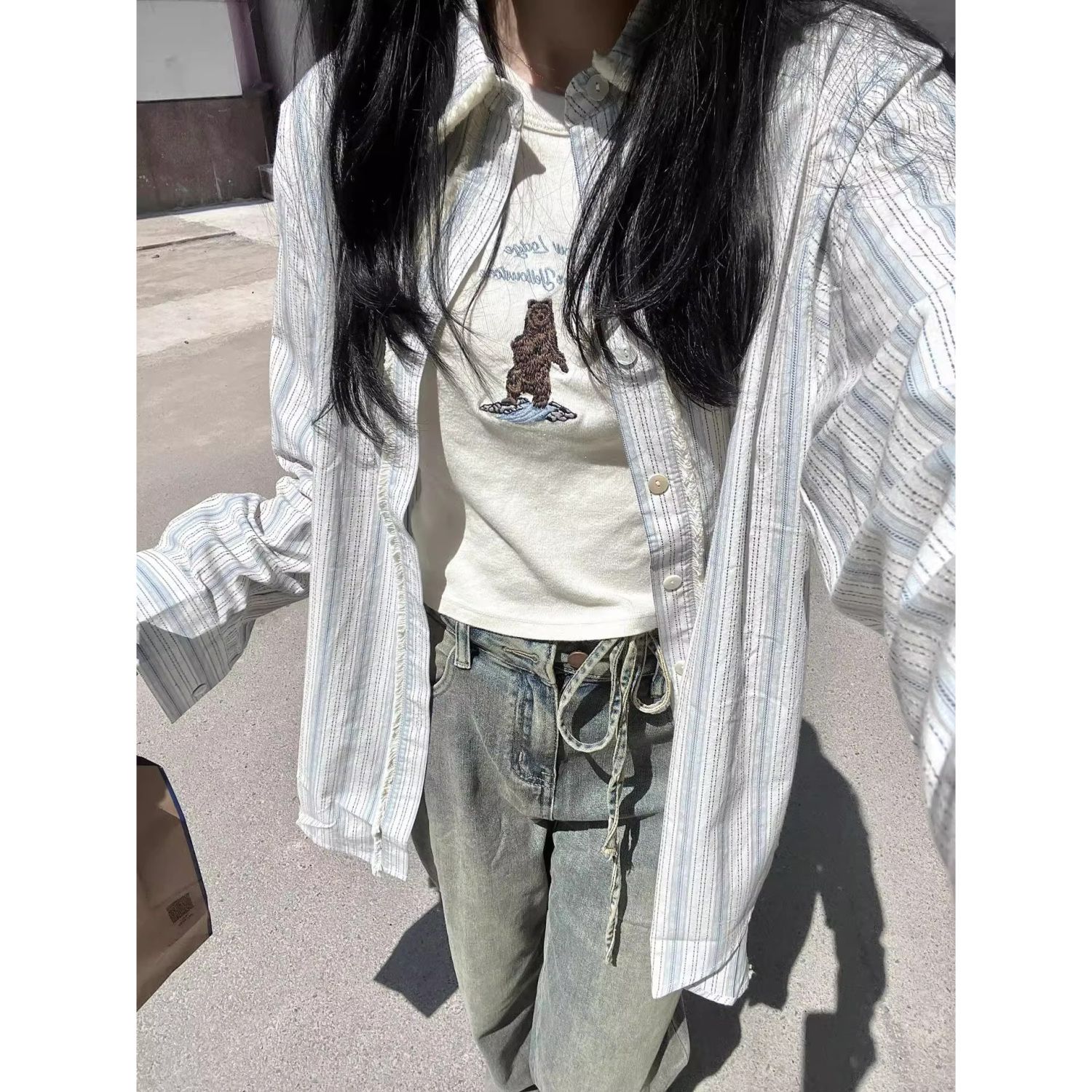 美式復古Polo領襯衫女2023年秋季條紋設計感小眾寬鬆襯衣薄款外套