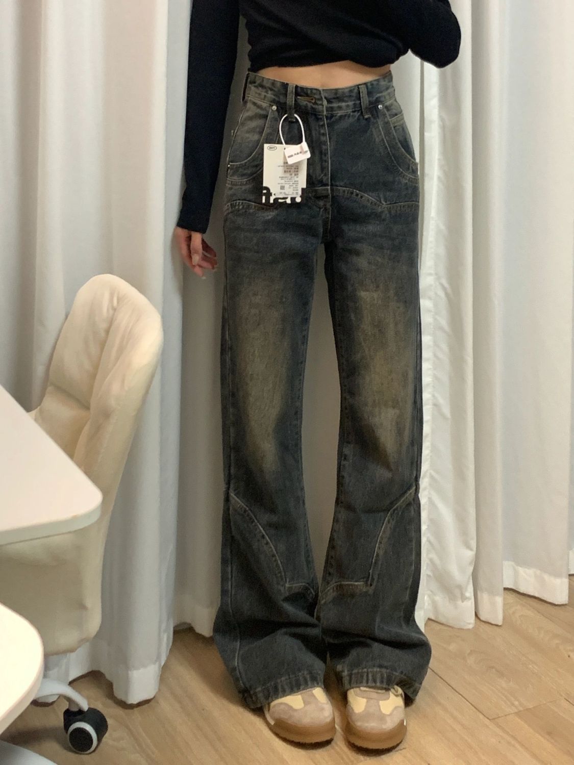 復古做舊微喇牛仔褲女秋冬小個子高腰寬鬆直筒闊腿褲拖地長褲