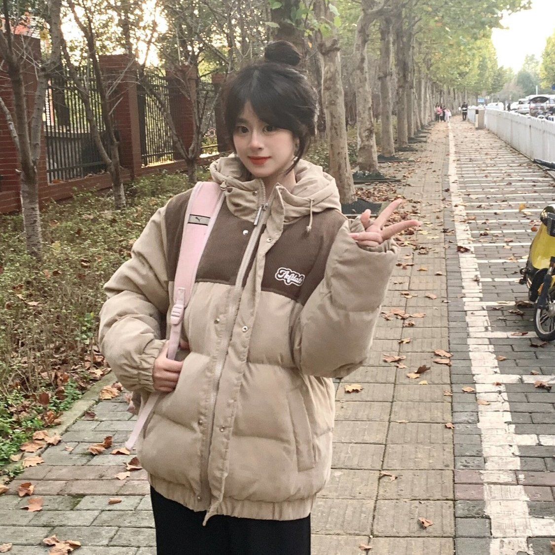 Stitched corduroy letter embroidered hooded cotton coat for female students winter new retro thickened bread coat