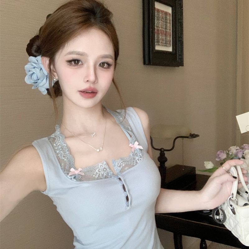 Lace Patchwork Knitted Camisole For Women, Summer Slim-fit Inner Wear, Sexy Bow Short Blue Outer Top_voghion.com