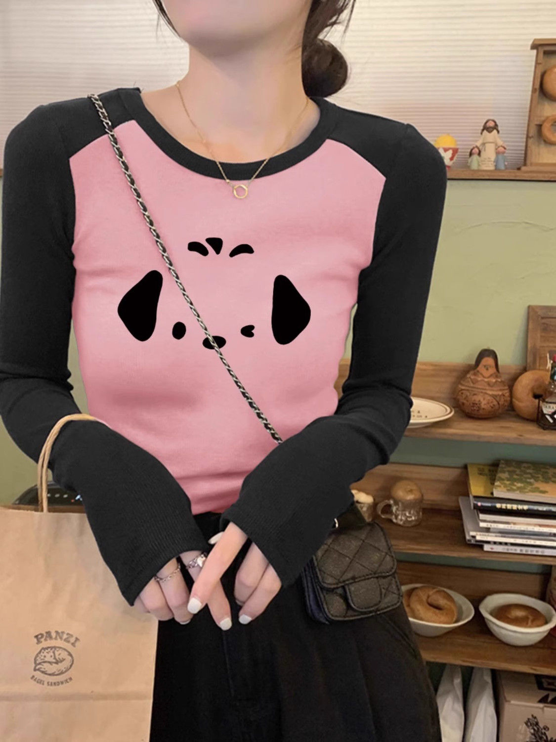 National fashion black pink splicing raglan sleeve top for women early spring new ins slim waist and short long-sleeved T-shirt for women