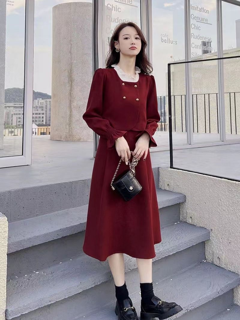 假兩件連衣裙女春秋季新款長袖拼接洋氣遮肚法式復古赫本風長裙子