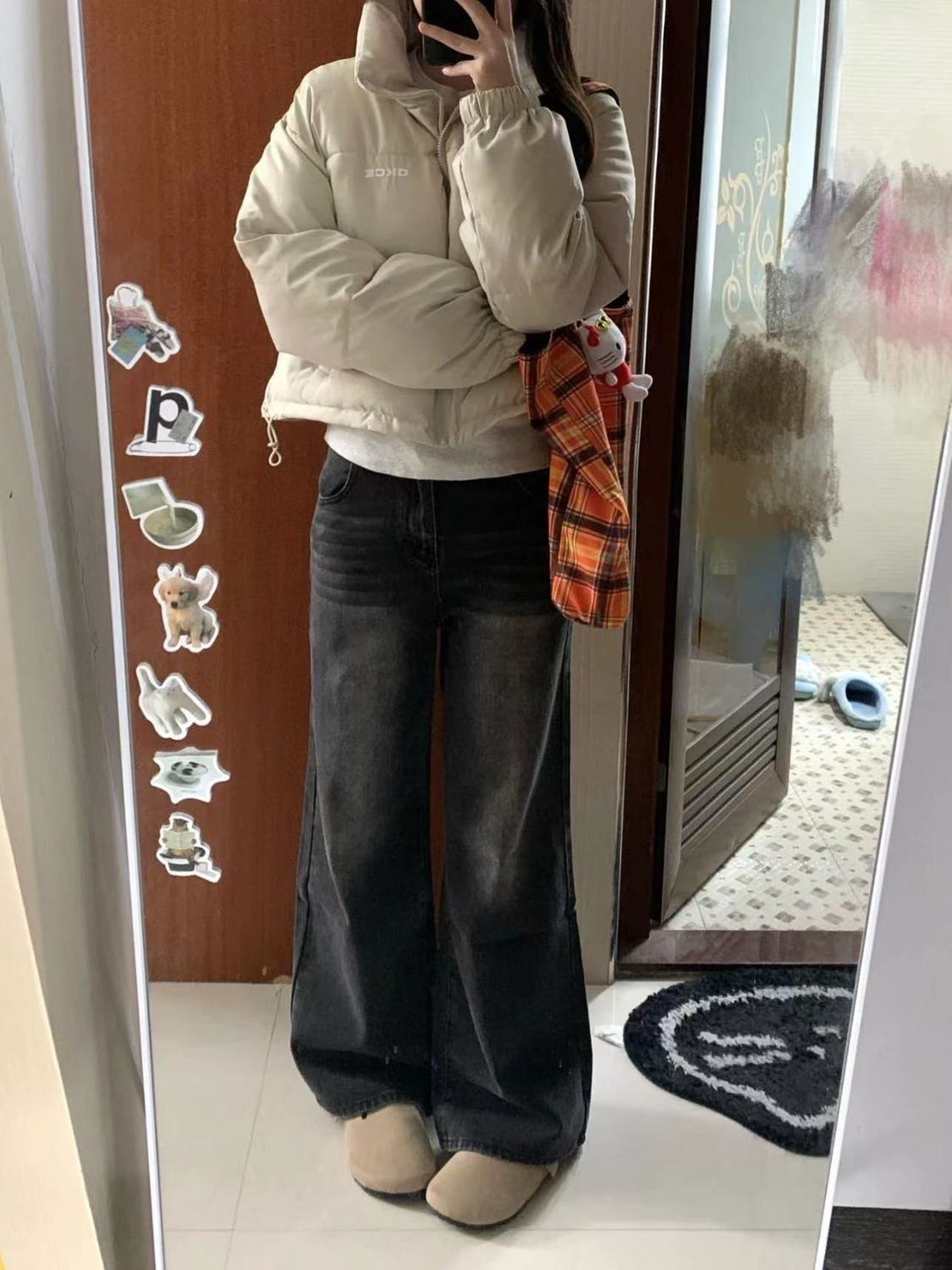美式高街復古黑灰色闊腿牛仔褲女秋冬新款高腰寬鬆顯瘦直筒拖地褲