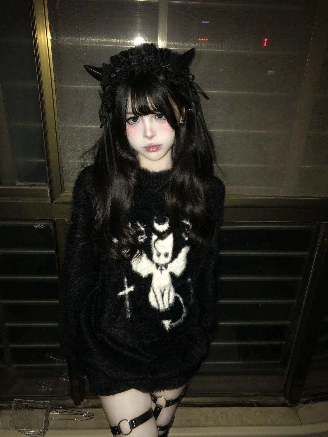 秋冬新款日系甜美黑色仿貂毛惡魔貓貓圓領毛衣毛茸茸寬鬆保暖上衣