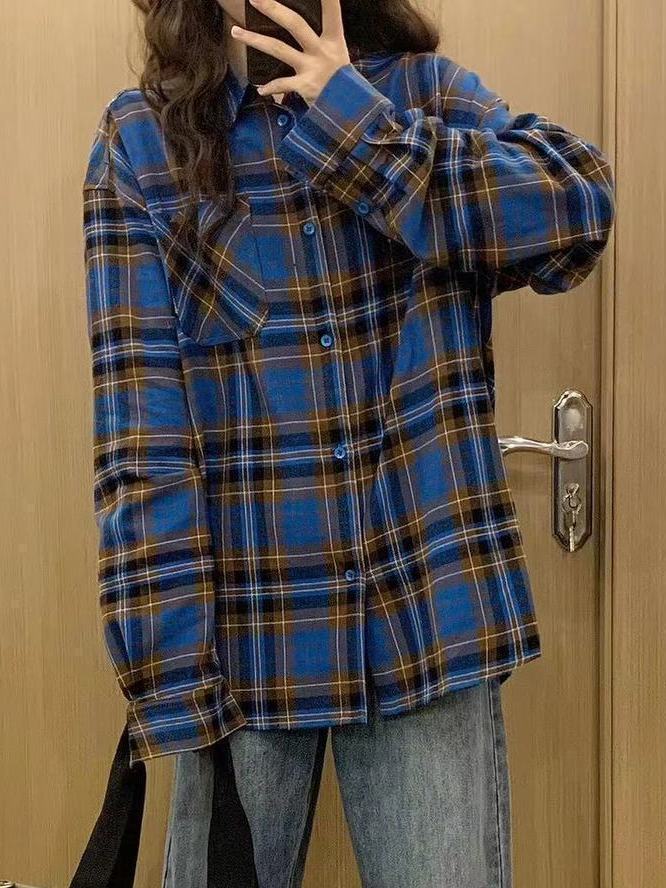 法式高級藍色格子襯衫女2024春秋新款休閒顯瘦寬鬆中長款襯衣外套