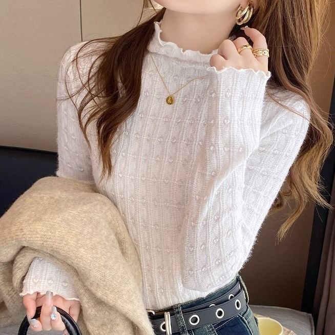 半木耳邊高領蕾絲打底衫上衣女2023秋冬新款高級感小個子內搭小衫