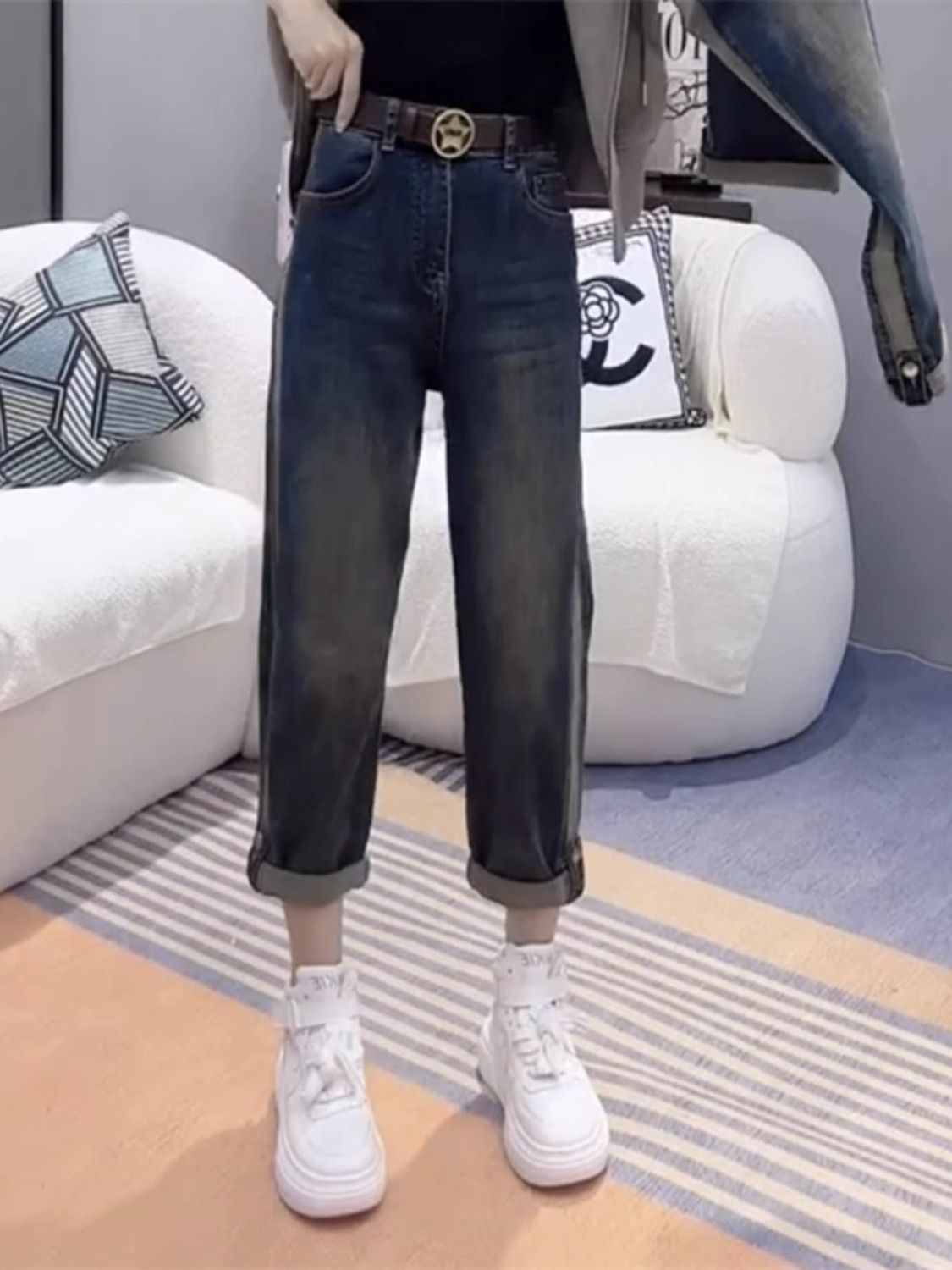 歐貨初秋復古拼接撞色九分男友牛仔褲挽邊扣子顯瘦微垮哈倫老爹褲