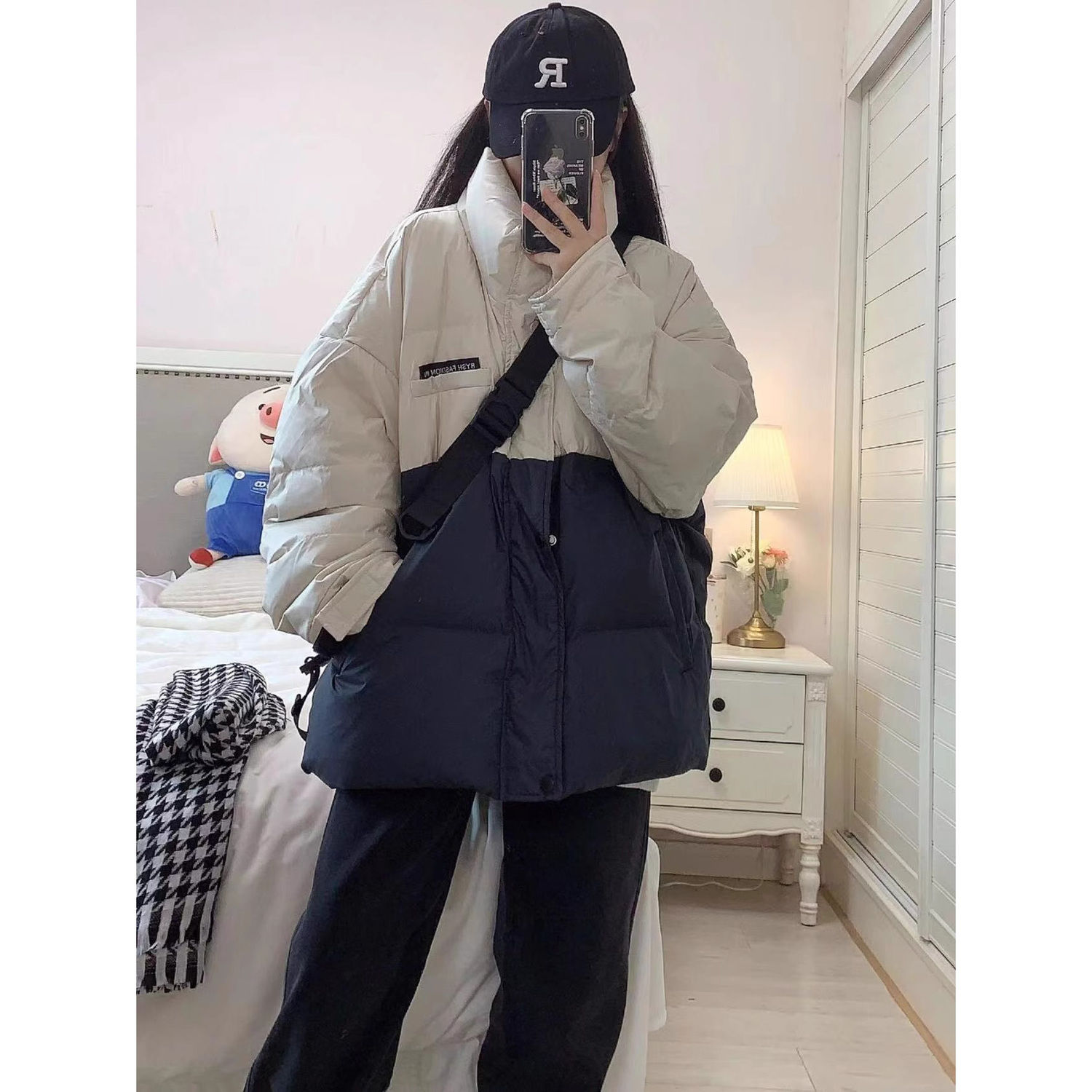 美式炸街短款學院風加厚拼色麵包服冬季新款情侶寬鬆休閒百搭棉服