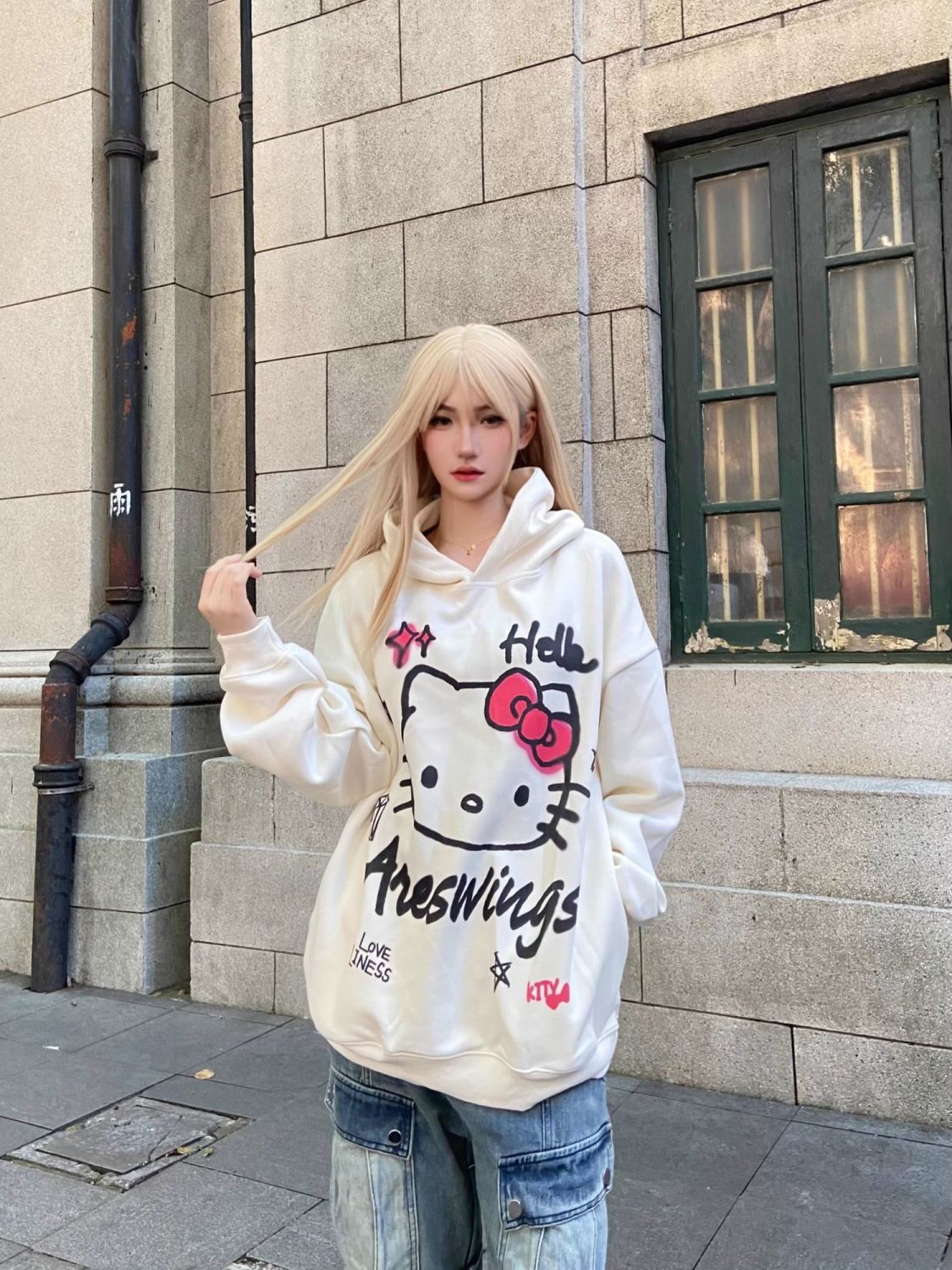 國潮美式復古kitty貓印花連帽衛衣男女秋冬新款重磅純棉情侶外套