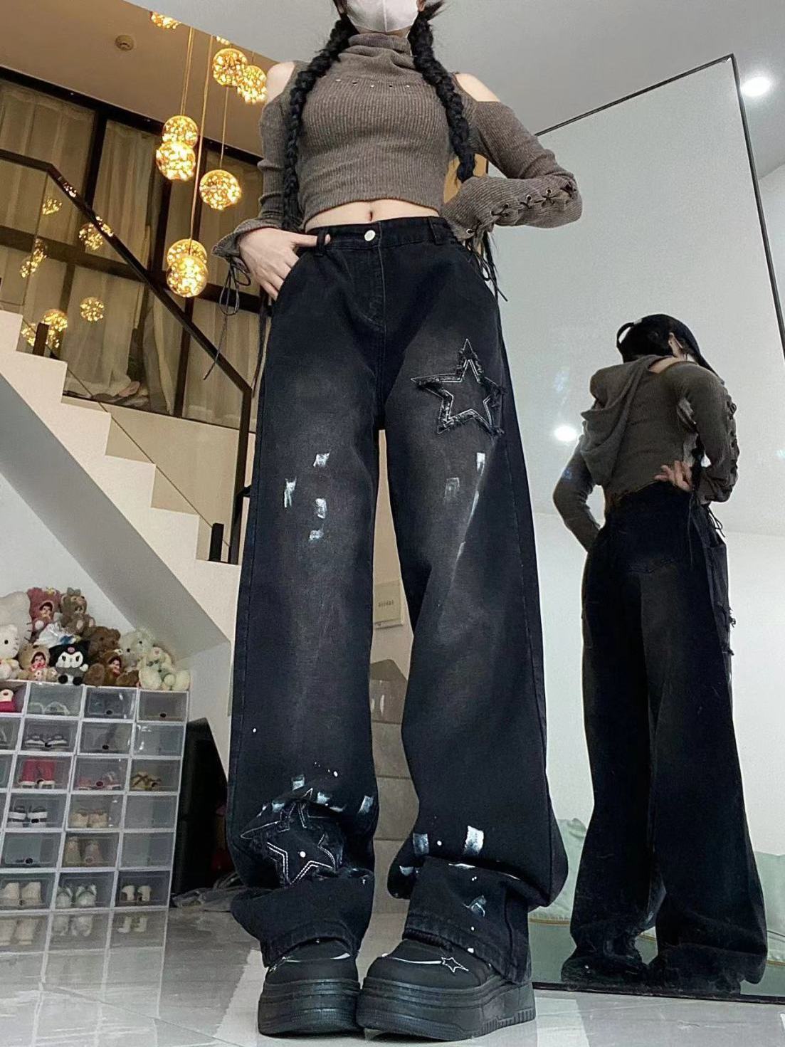 美式ins復古小眾五角星潑墨牛仔褲女高街設計感寬鬆直筒闊腿褲潮