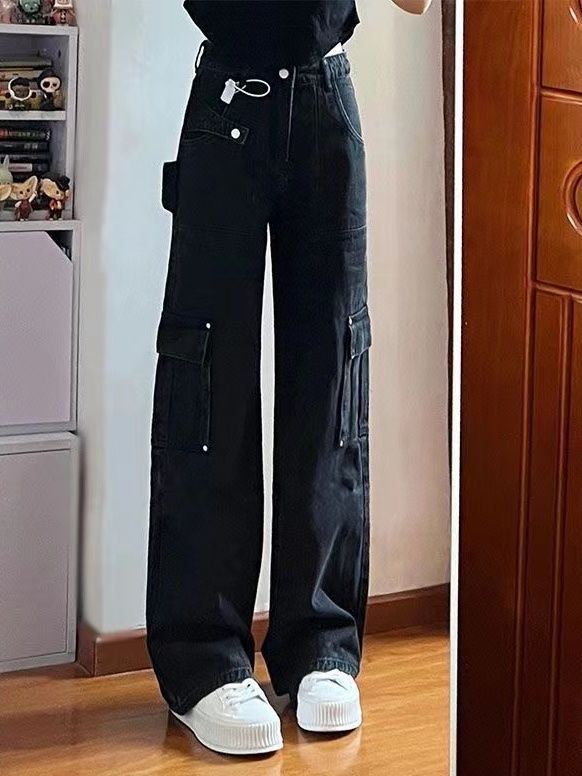 美式高街口袋工裝牛仔褲女秋冬設計感高腰寬鬆顯瘦直筒闊腿長褲潮