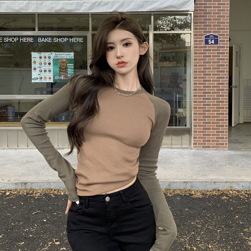 美式秋冬美拉德新款復古2023設計長袖圓領T恤修身顯瘦短打底上衣