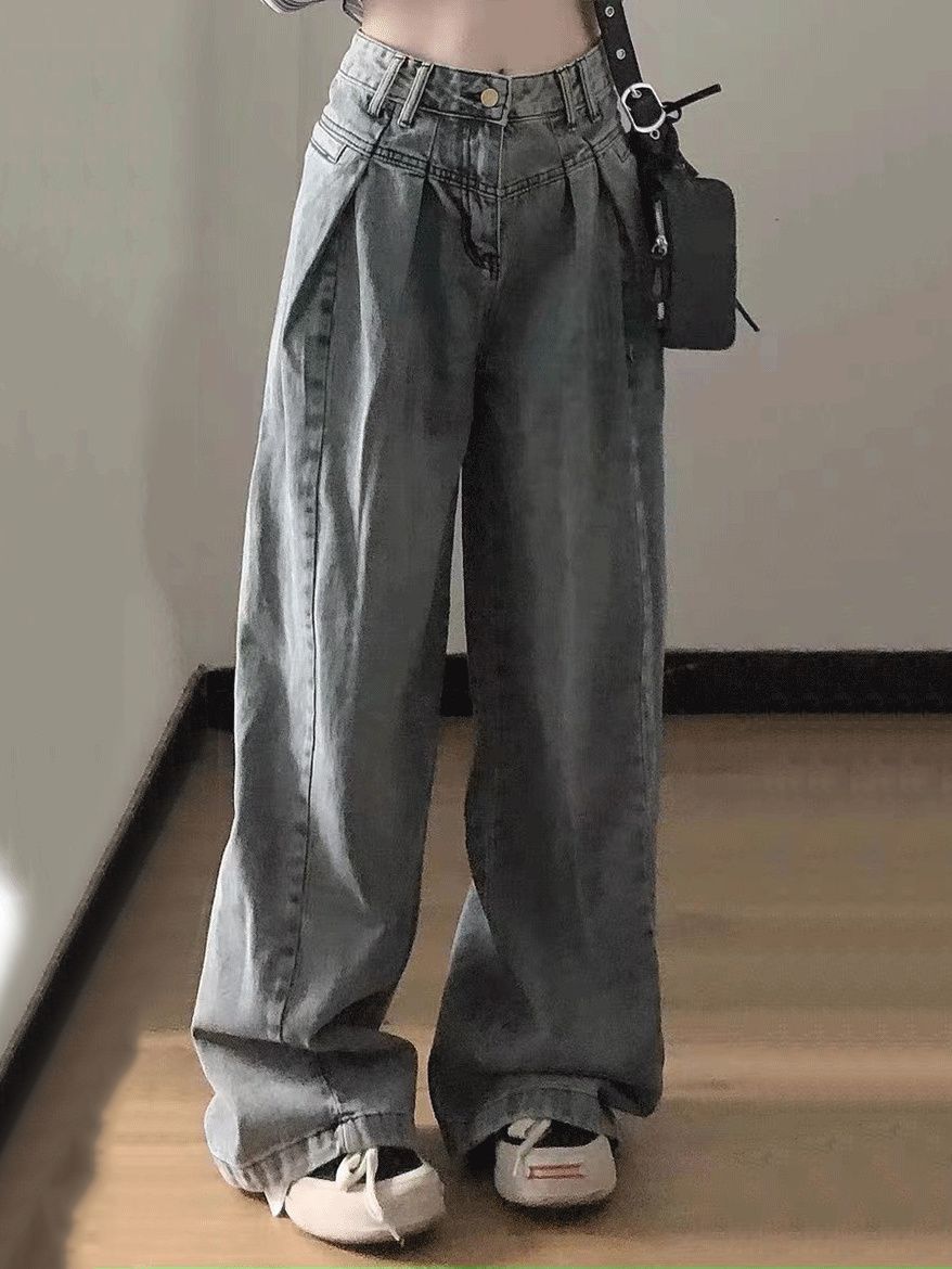 美式復古高街慵懶寬鬆闊腿牛仔褲女美拉德直筒顯瘦垂感拖地長褲子