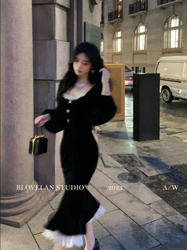 大碼微胖mm性感復古風溫婉高級感絲絨顯瘦長袖連衣裙魚尾裙秋冬