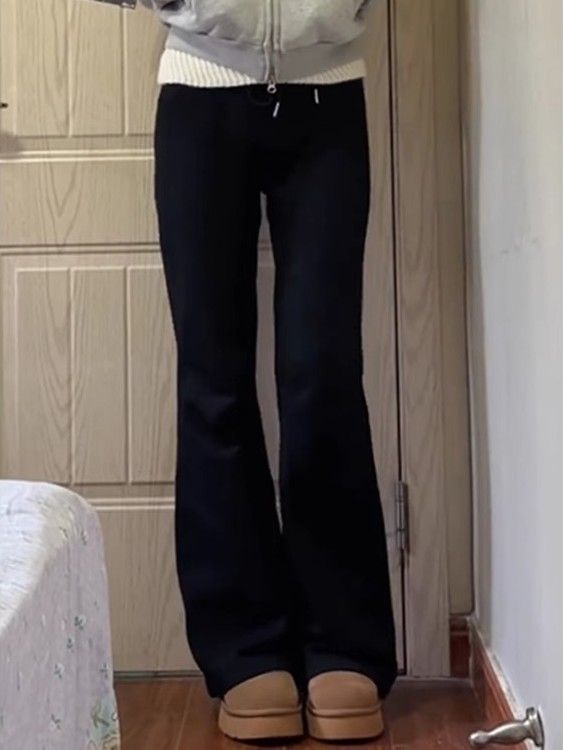 黑色加绒窄版直筒裤女秋冬新款高腰显瘦宽松休闲美式微喇运动长裤