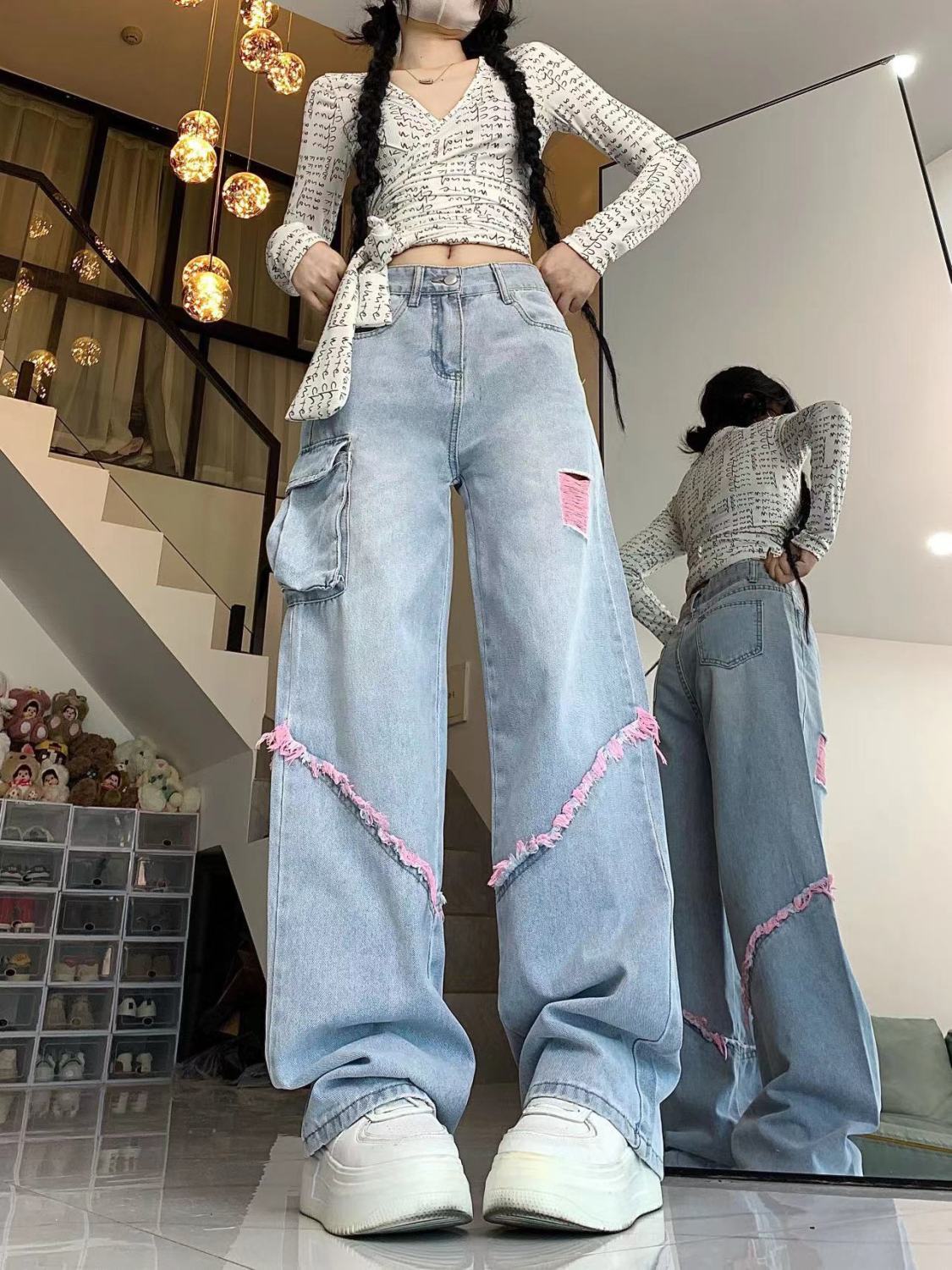 美式高街粉色破洞工裝牛仔褲女秋冬設計感高腰寬鬆顯瘦直筒闊腿褲