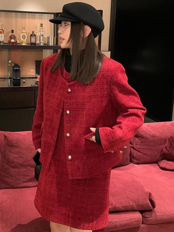 紅色小香風連衣裙外套女秋冬時尚新款新年氛圍感氣質名媛風兩件套