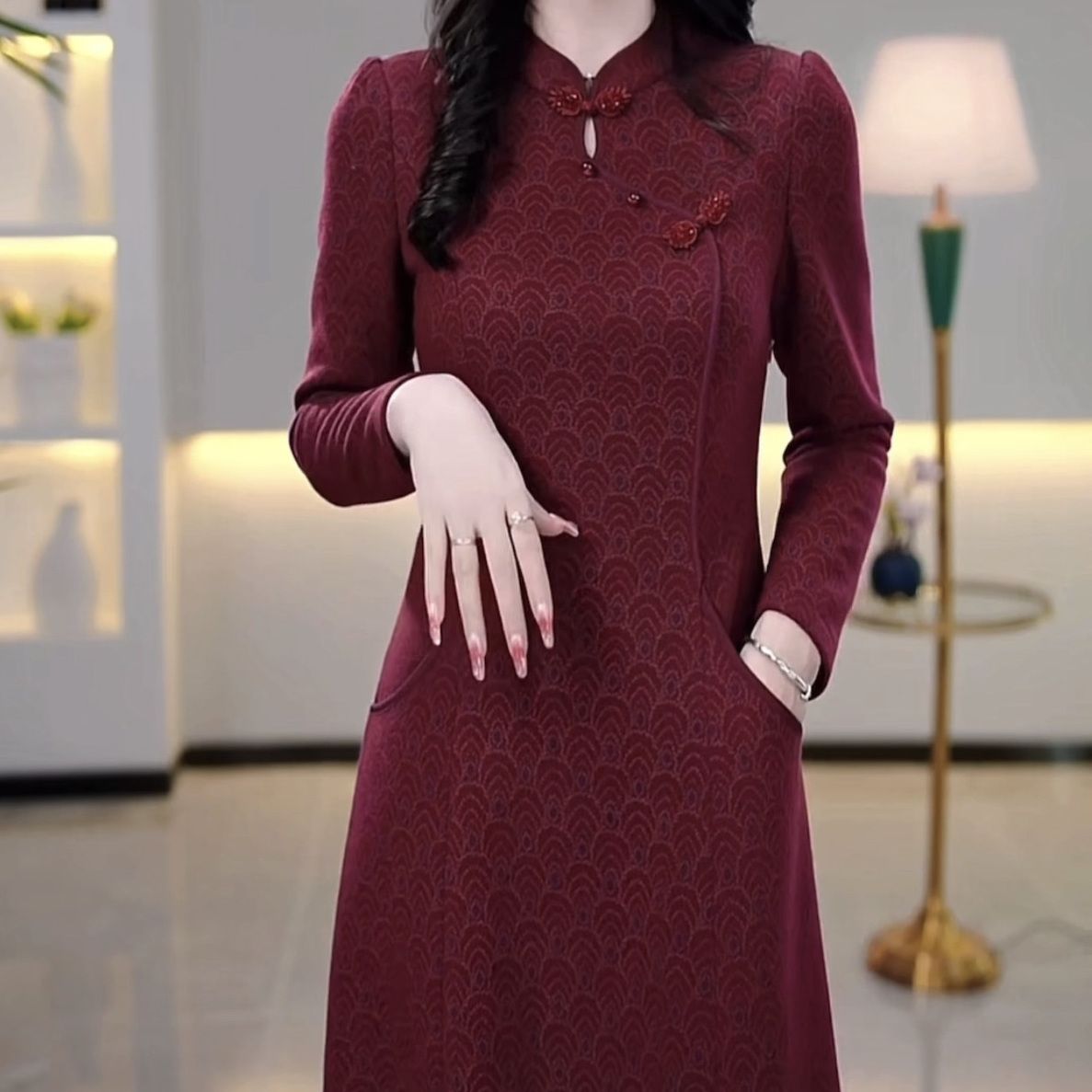 色織磨毛精紡媽媽婚宴新款連衣裙2023秋冬女裝氣質改良版旗袍裙子