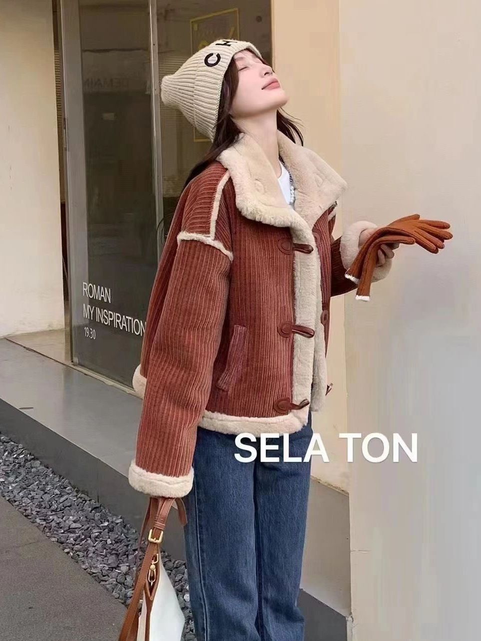 Red fur one-piece lamb wool short coat 2023 winter new style plus velvet thickened warm corduroy cotton coat for women