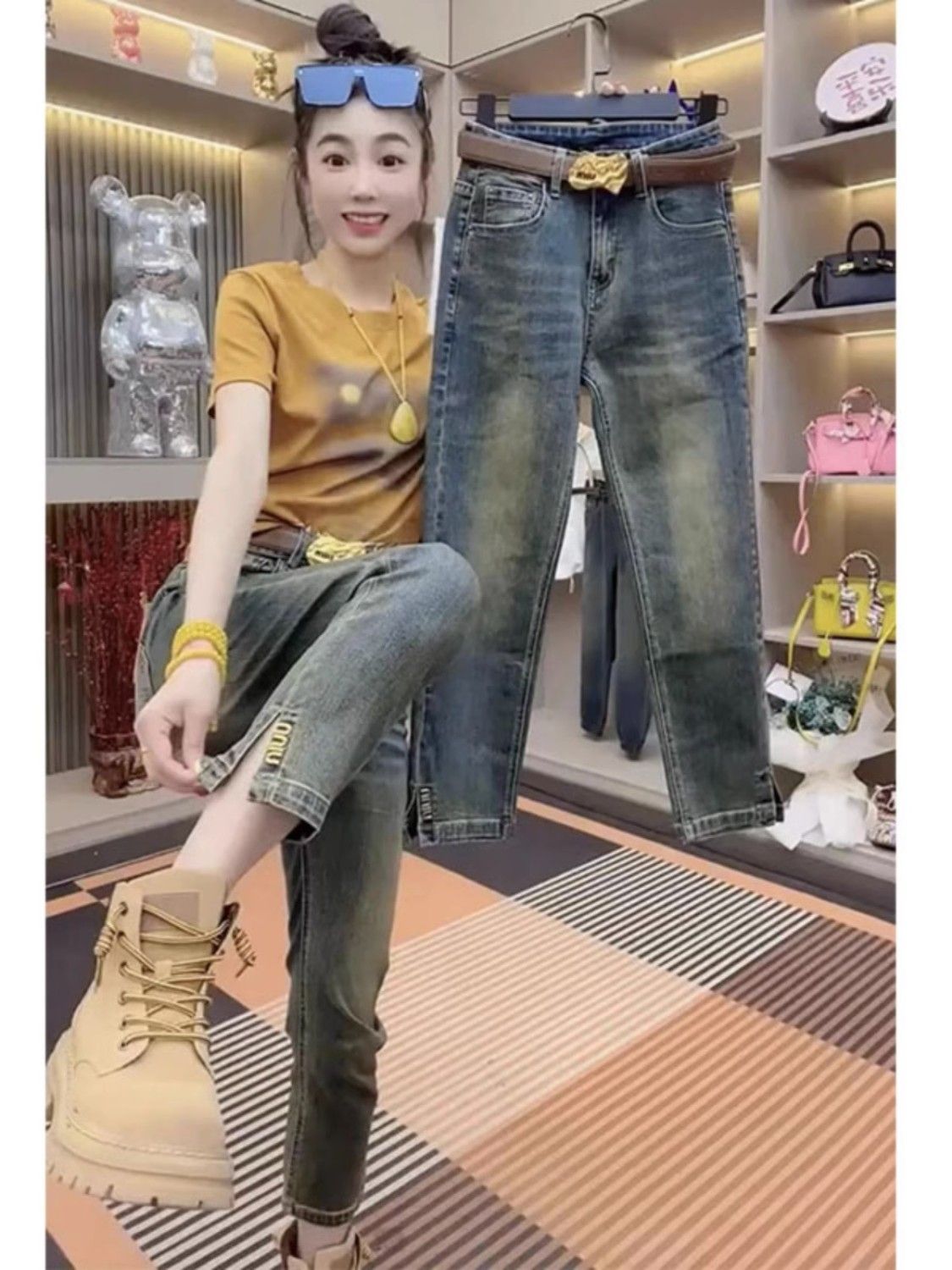 大碼女裝秋季新款2023胖mm高腰彈力開叉直筒牛仔褲女顯瘦煙管褲子